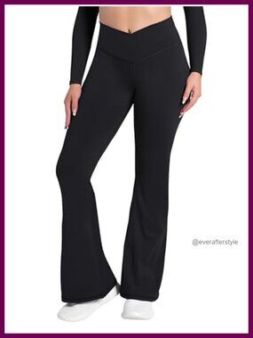Fleece Lined Flare Leggings Crossover Waist Tummy Control Yoga Pants